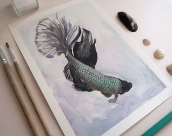 Black & Goldfish // original art // watercolour / aquarelle / ink / painting / artwork / fish