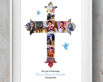 Collage de fotos de la cruz y las palomas para el bautizo/bautismo/comunión