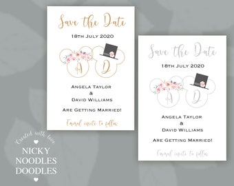 Personalised Disney Minnie & Mickey Mouse Initial Wedding Save the Date Cards with Envelopes