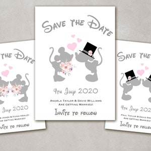 10 x Personalised Disney Minnie & Mickey Mouse kissing Wedding, Mr and Mrs, Mr and Mr, Mrs and Mrs Save the Date Cards with Envelopes