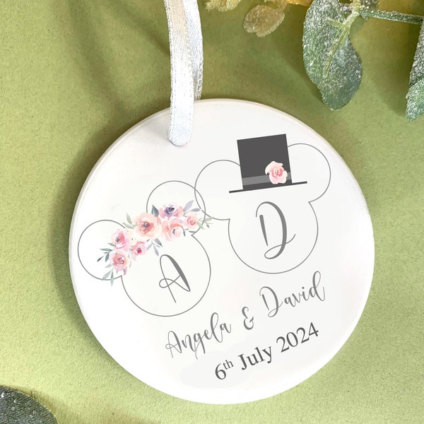 Wedding Mickey Heads Mr and Mrs Personalised Ceramic hanging decoration