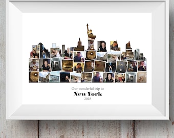 May include: A photo collage of a New York City skyline made from personal photos. The collage is in black and white and features the Statue of Liberty. The text "Our wonderful trip to New York 2018" is below the collage.