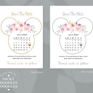 Personalised Mickey/Minnie Floral inspired Wedding Save the Date Cards with Envelopes