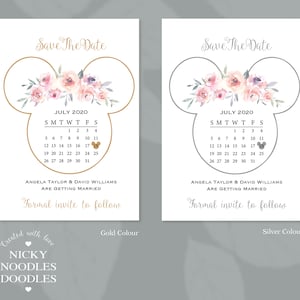 Personalised Mickey/Minnie Floral inspired Wedding Save the Date Cards with Envelopes