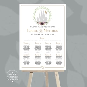 May include: A printable wedding seating chart with a whimsical Disney castle theme. The chart features a watercolor illustration of Cinderella's castle with a fairy flying above it. The names Louise and Matthew are written in gold script with the date "Saturday 27th July 2024" below. The chart is divided into nine tables with guest names listed under each table number.