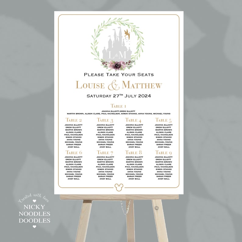 May include: A printable wedding seating chart with a whimsical Disney castle theme. The chart features a watercolor illustration of Cinderella's castle with a fairy flying above it. The names Louise and Matthew are written in gold script with the date "Saturday 27th July 2024" below. The chart is divided into nine tables with guest names listed under each table number.