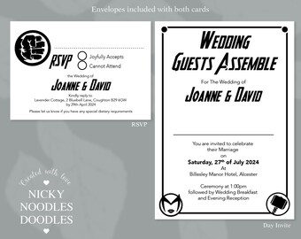Comic Book Superhero Wedding Day Invites RSVP with Envelopes
