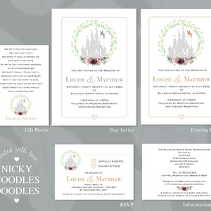 10 x Enchanted Castle Wedding Day / Evening Invites / Stationery / RSVP / Gift Poem /Directions with Envelopes