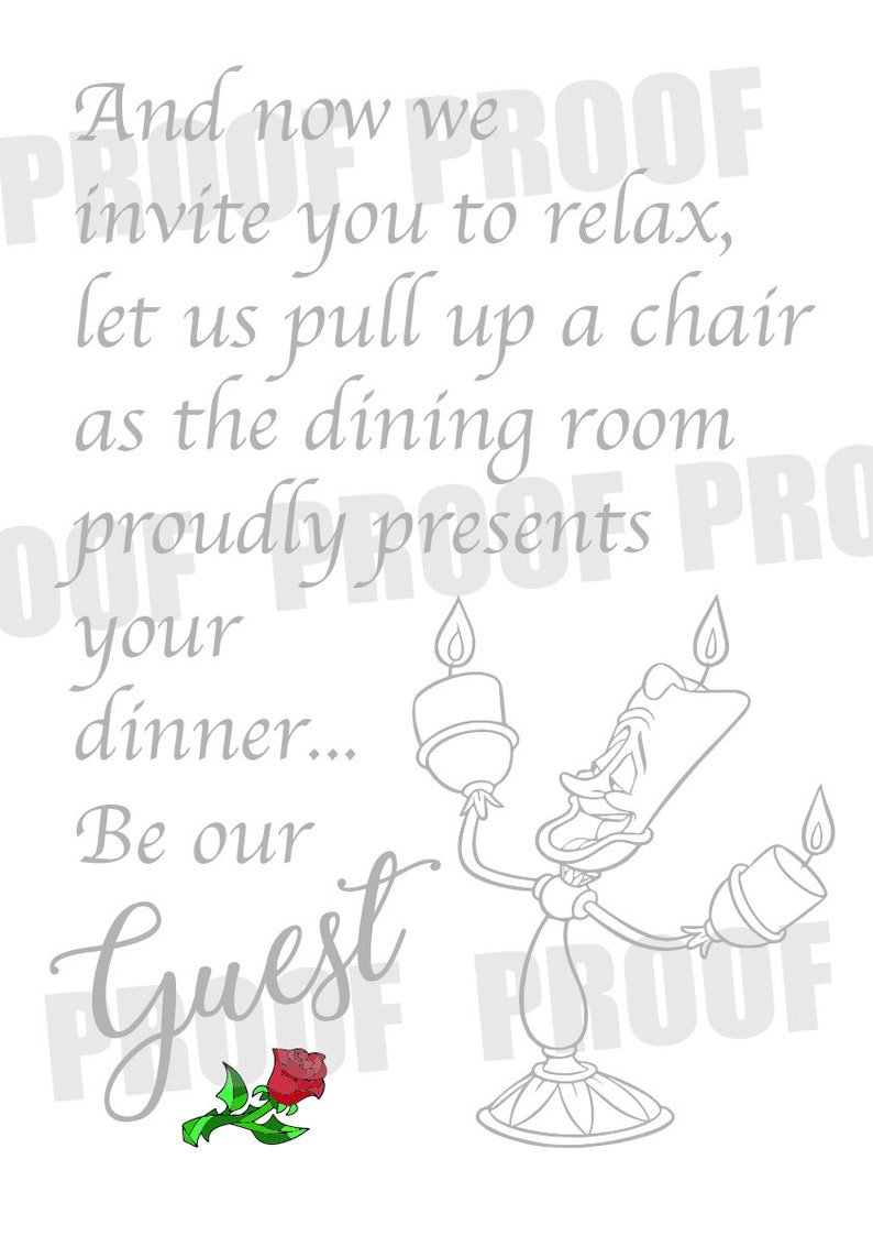 Be Our Guest Luminiere Dinner Announcement sign image 2