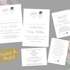10 x Personalised Disney Minnie/Mickey Mouse Heads Wedding Day & Evening Invites / Stationery / RSVP / Gift Poem /Directions with Envelopes