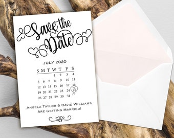 10 x Personalised modern, romantic script, Swirly Hearts, Wedding, Save the Date Cards with Envelopes