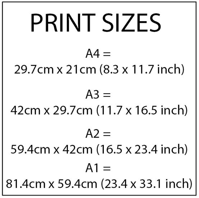 May include: A chart showing standard paper sizes in both inches and centimeters. The chart lists the sizes A4, A3, A2, and A1, with their corresponding dimensions.