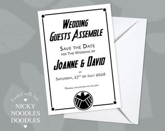 Personalised Superhero comic book inspired Wedding Save the Date Cards with Envelopes