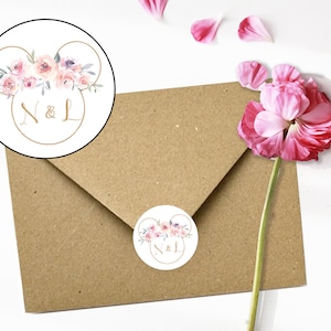 Custom Wedding Theme Paper Stickers: Floral Mickey Mouse Initials