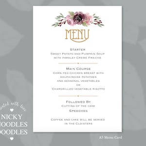 10 x A5 Menu Bourgogne Floral Déco Mariage