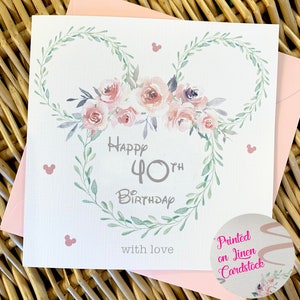 Cartão de aniversário floral Minnie Milestone_18, 21, 30, 40, 50, 60, 70 _Personalizado_145x145mm