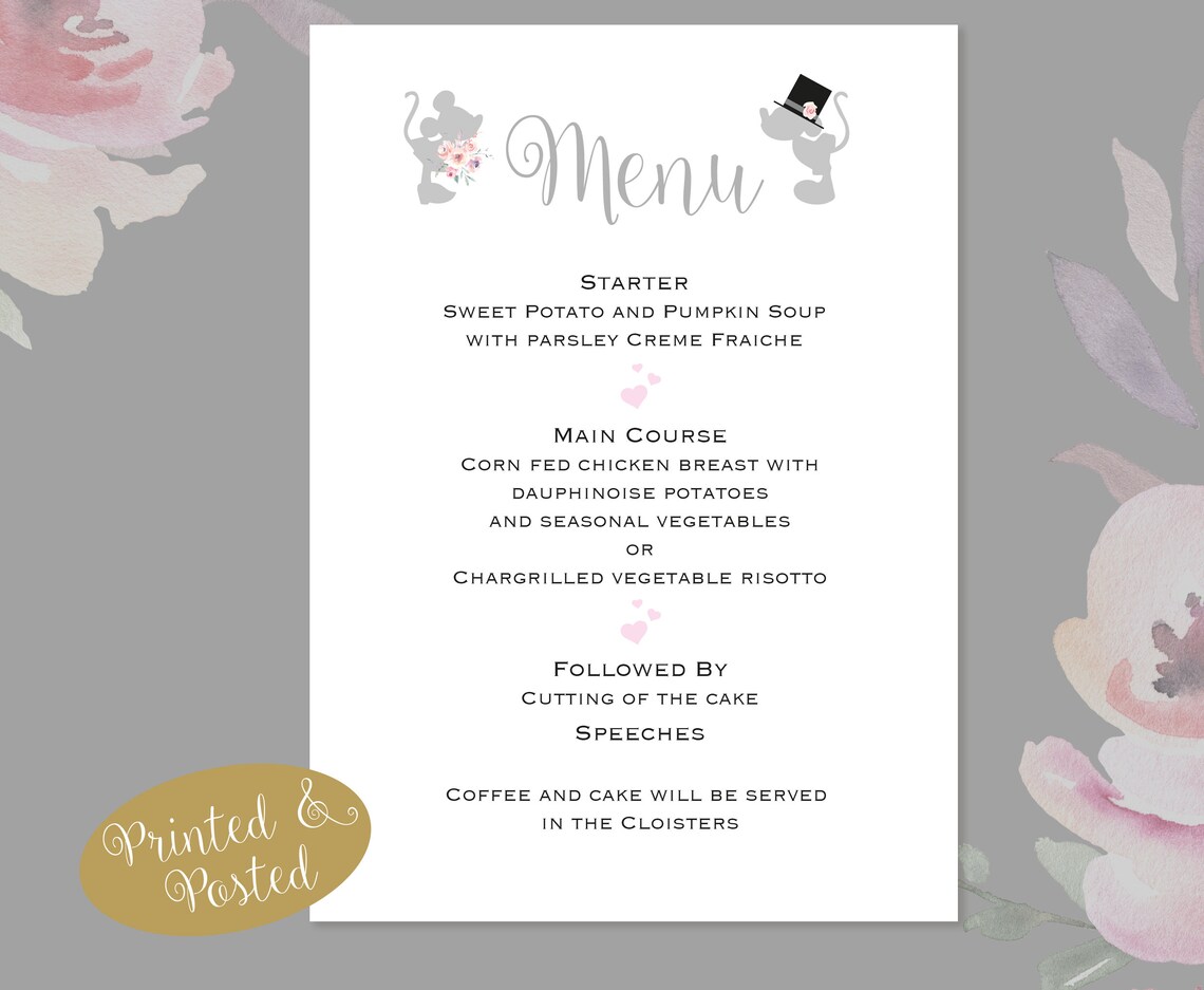 10 X A5 Menu Personalised Disney Minnie/mickey Mouse Kissing - Etsy