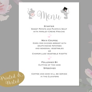 10 x A5 Menu Personalised Disney Minnie/Mickey Mouse Kissing Wedding