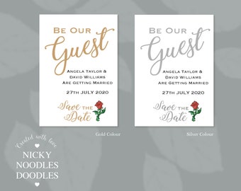 Personalised Disney Beauty & the Beast inspired Wedding Save the Date Cards with Envelopes