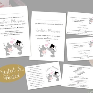 10 x Personalised Disney Minnie/Mickey Mouse kissing Wedding Day & Evening Invites / Stationery / RSVP / Gift Poem/Directions with Envelopes