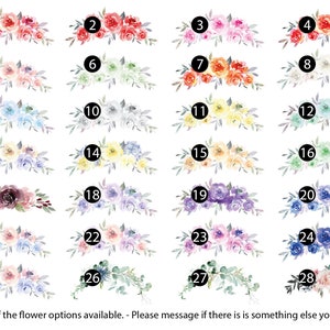May include: A collection of 28 different watercolor floral arrangements, each numbered from 1 to 28. The arrangements feature various colors and styles of flowers, including roses, daisies, and lilies.