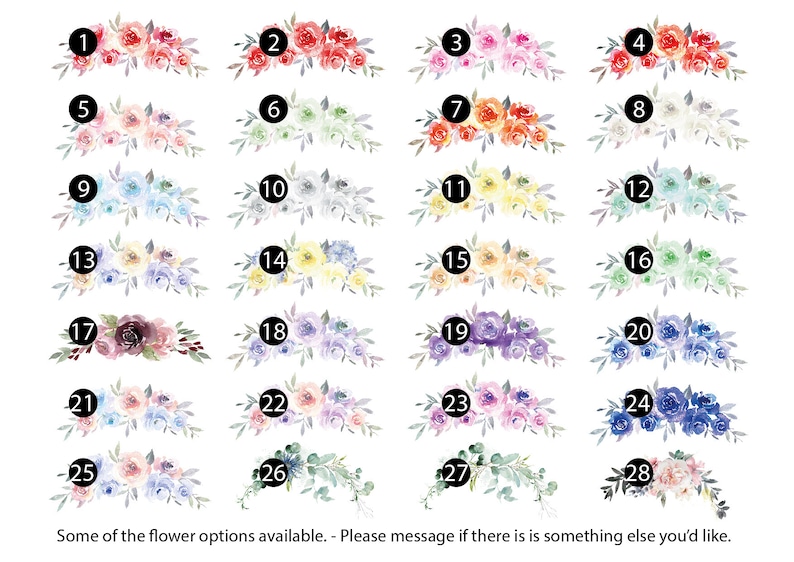 May include: A collection of 28 different watercolor floral arrangements, each numbered from 1 to 28. The arrangements feature various colors and styles of flowers, including roses, daisies, and lilies.