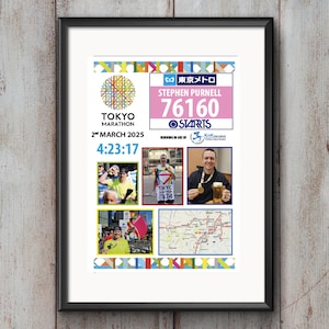 Op de afbeelding: Een ingelijste poster ter herdenking van de Tokyo Marathon. De poster heeft een kleurrijk ontwerp, een hardloopnummer met het nummer 76160, een foto van de hardloper en de tijd 4:23:17. De poster bevat ook de tekst "Tokyo Marathon", "2nd March 2025", "Running in aid of KnK" en "STAARTS".