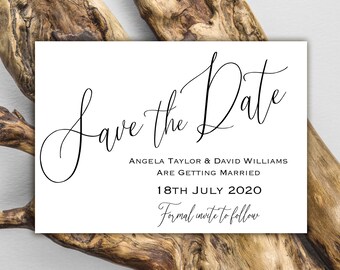 10 x Personalised modern, romantic script, elegant, Wedding, Save the Date Cards with Envelopes