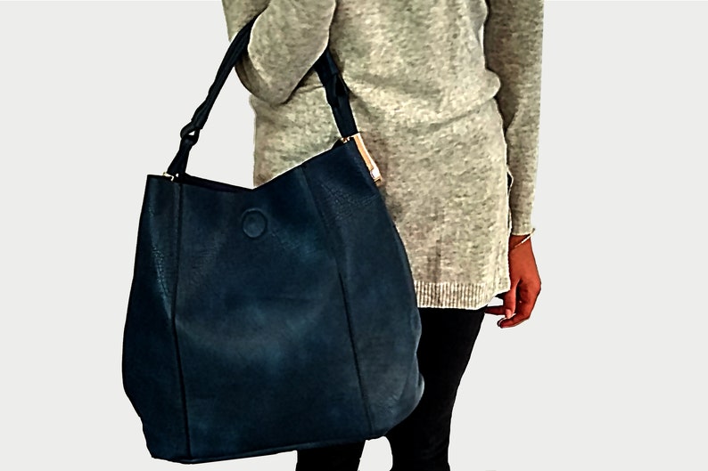 Large Shoulder Bag Large Vegan Bag Bag for Work Tote Bag with a Clutch Vegan Leather Bag Blue Bucket Bag Hobo Bag Vegan Bag Gift