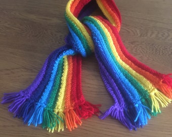 Hand knitted rainbow scarf for children! ! Rainbows have become very special to all of us recently!