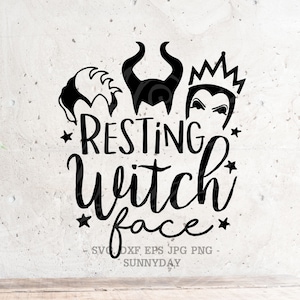 May include: Black and white graphic design featuring three Disney villain faces and the text "Resting Witch Face".