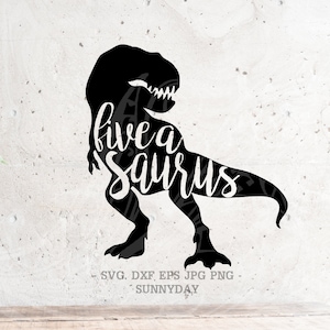 Vijf A Saurus Svg bestand DXF silhouet Print Vinyl Cricut snijden SVG T shirt ontwerpen vijf-a-Saurus verjaardag svg, dinosaur svg png dxf