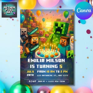 Gamer Birthday Invitation Template: Pixel Art Party (Canva Editable, Digital Download)