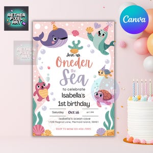 Oneder the Sea Birthday Invitation: Girl&#39;s 1st Birthday, Ocean Animals (Editable Template, Digital Download