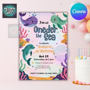 Oneder the Sea Birthday Invitation: Girl&#39;s 1st Birthday, Ocean Animals (Editable Template, Digital Download