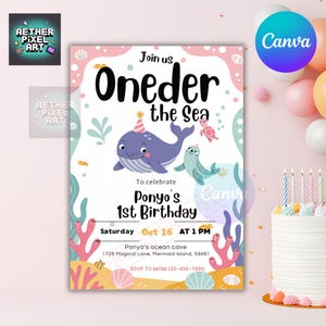 Oneder the Sea Birthday Invitation: Girl&#39;s 1st Birthday, Ocean Animals (Editable Template, Digital Download