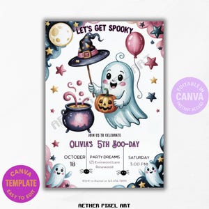 Coquette Ghost Birthday Invitation: Pink Halloween Party, Canva Template (Digital Download