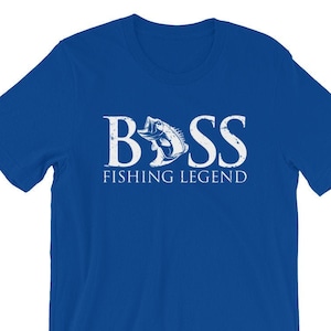 May include: A royal blue t-shirt with a white graphic of a bass fish and the text "BASS FISHING LEGEND".