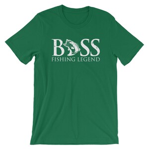 May include: Green short-sleeved t-shirt with a white graphic of a bass fish and the text "BASS FISHING LEGEND".