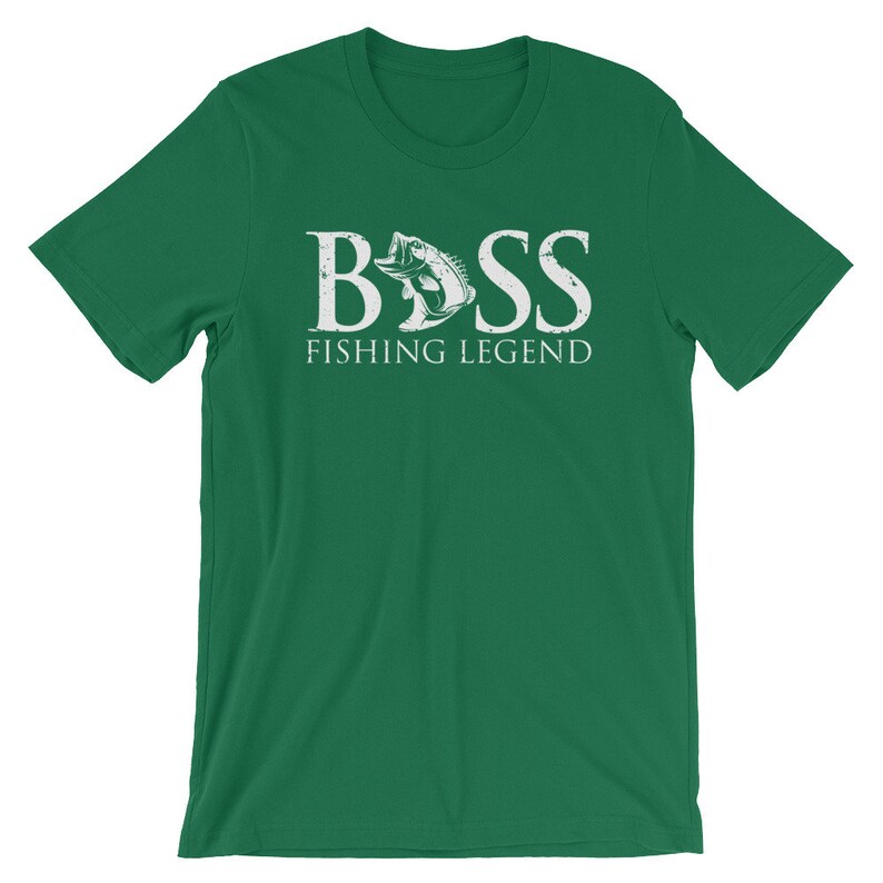 May include: Green short-sleeved t-shirt with a white graphic of a bass fish and the text "BASS FISHING LEGEND".