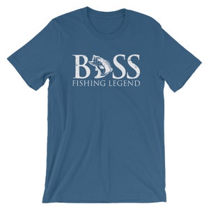 May include: A blue t-shirt with a white graphic of a bass fish and the text "BASS FISHING LEGEND".