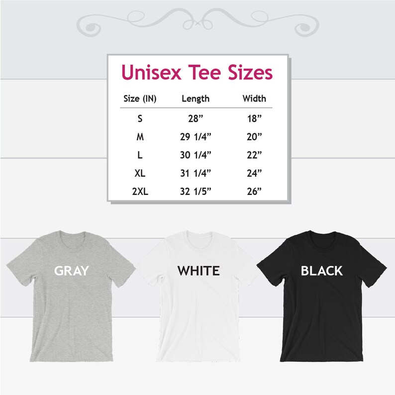 以下が含まれることがあります： ユニセックスTシャツのサイズ表で、インチで測定されています。表には、S、M、L、XL、2XLのサイズ、長さ、幅が示されています。表の下には、グレー、ホワイト、ブラックの3つのTシャツが表示されています。