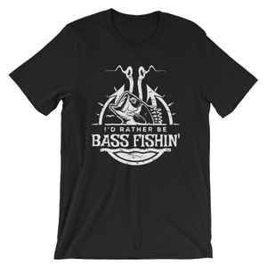 May include: Black t-shirt with a white graphic of a bass fish on a hook. The text "I'd rather be bass fishin'" is below the fish.