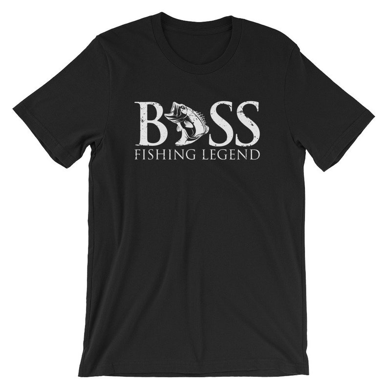 May include: Black t-shirt with a white graphic of a bass fish and the text "BASS FISHING LEGEND".