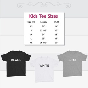 May include: Kids tee shirt size chart with measurements in inches.  The chart shows sizes XS, S, M, L, and XL with corresponding length and width measurements.  Three tee shirts are shown in black, white, and gray.