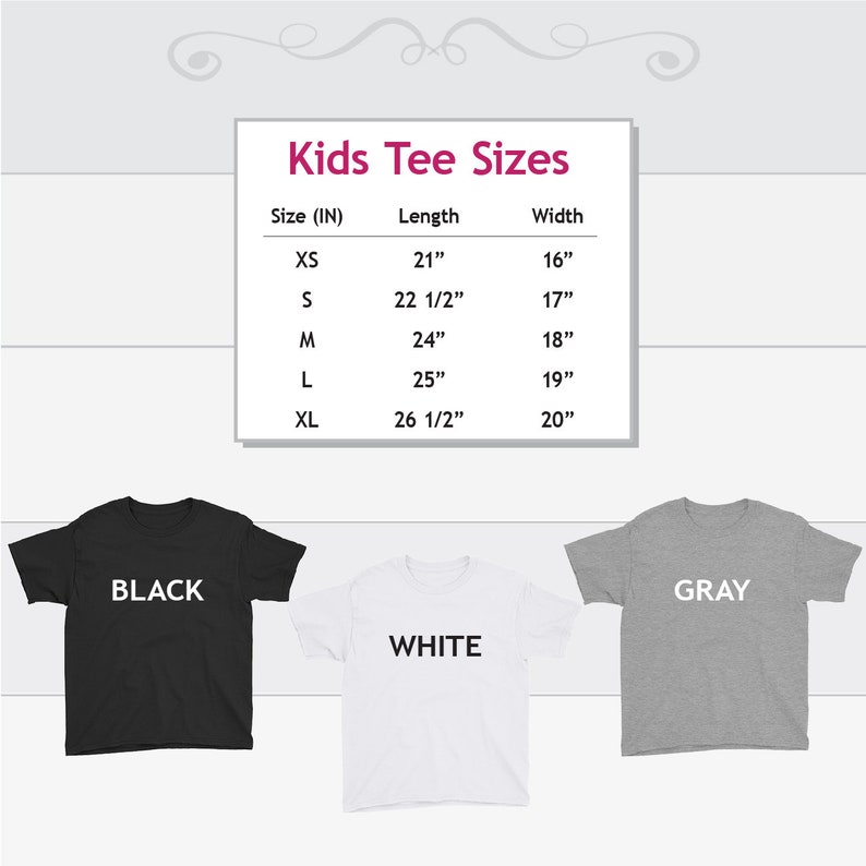 May include: Kids tee shirt size chart with measurements in inches.  The chart shows sizes XS, S, M, L, and XL with corresponding length and width measurements.  Three tee shirts are shown in black, white, and gray.