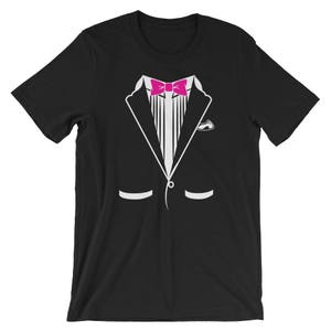 Schwarze Tuxedo Kleid T-Shirt, schwarz Tuxedo rosa Fliege T-Shirt, Bräutigam Hochzeit Tag Shirt, Hochzeit Probe Zeremonie T-Shirts, Bräutigam Geschenk