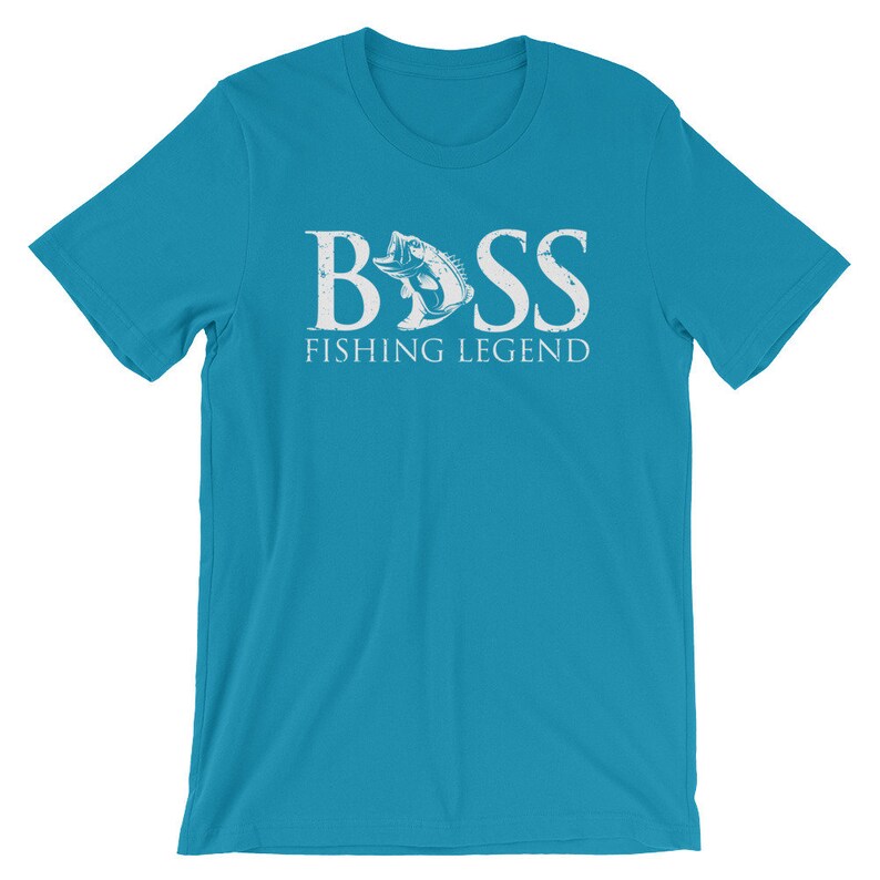 May include: A turquoise blue t-shirt with a white graphic of a bass fish and the text "BASS FISHING LEGEND".