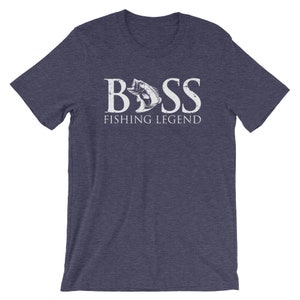 May include: A navy blue t-shirt with a white graphic of a bass fish and the text "BASS FISHING LEGEND".