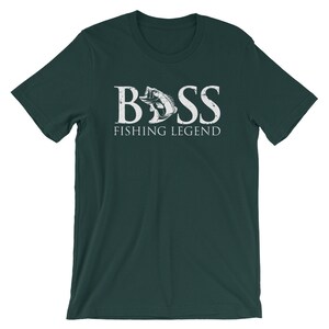 May include: A dark green t-shirt with a white graphic of a bass fish and the text "BASS FISHING LEGEND".